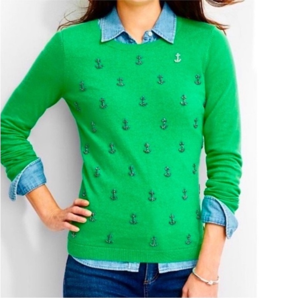 Talbots Green Sweater with Anchor Embellishments